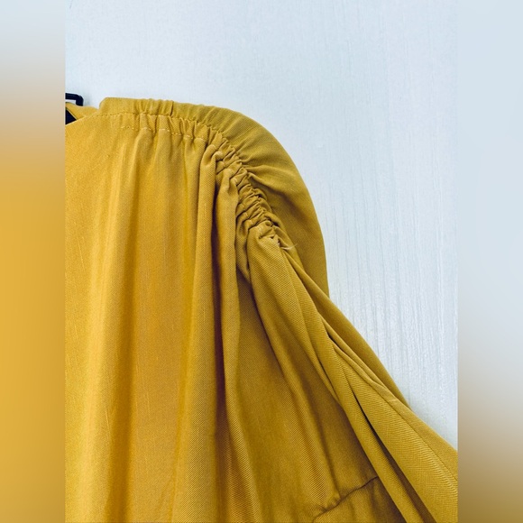 Gorgeous Asymmetrical shoulder & sleeves cut out waist flare midi dress mustard - Picture 8 of 11